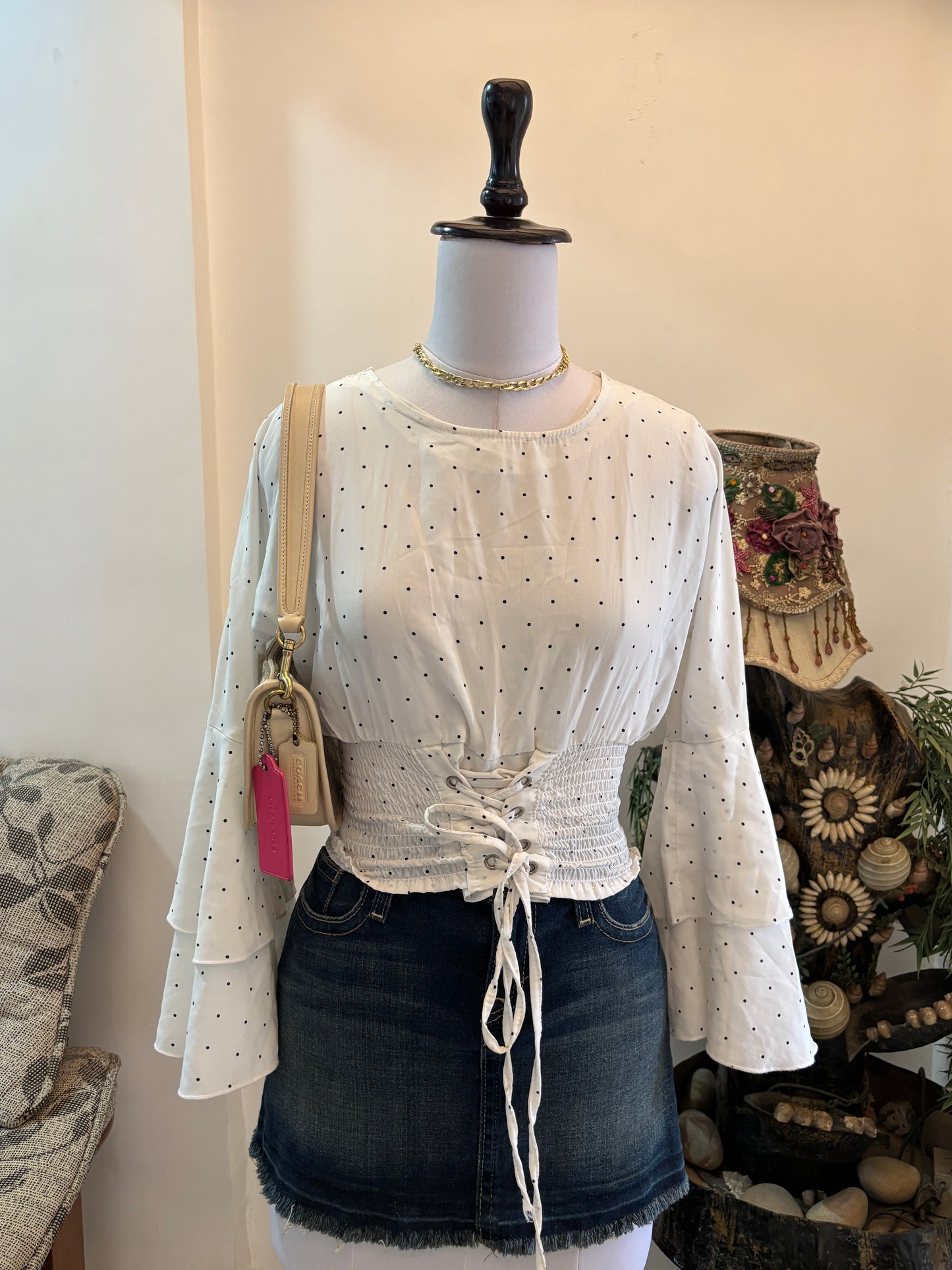 Cinched Waist Polka Dots Bell Sleeves Top