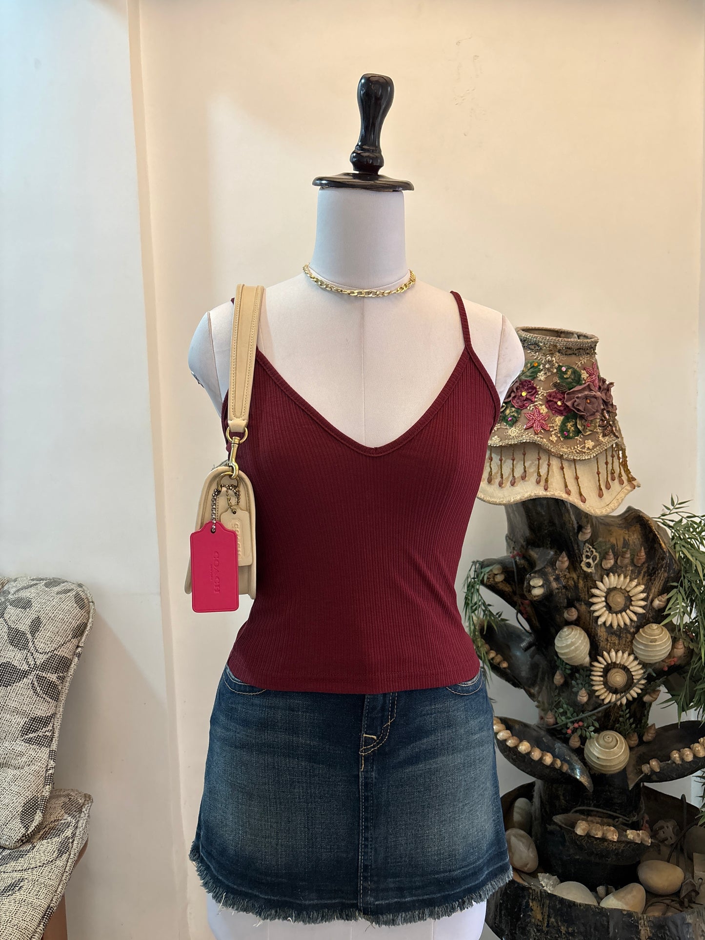 Maroon Ribbed V Neck Top