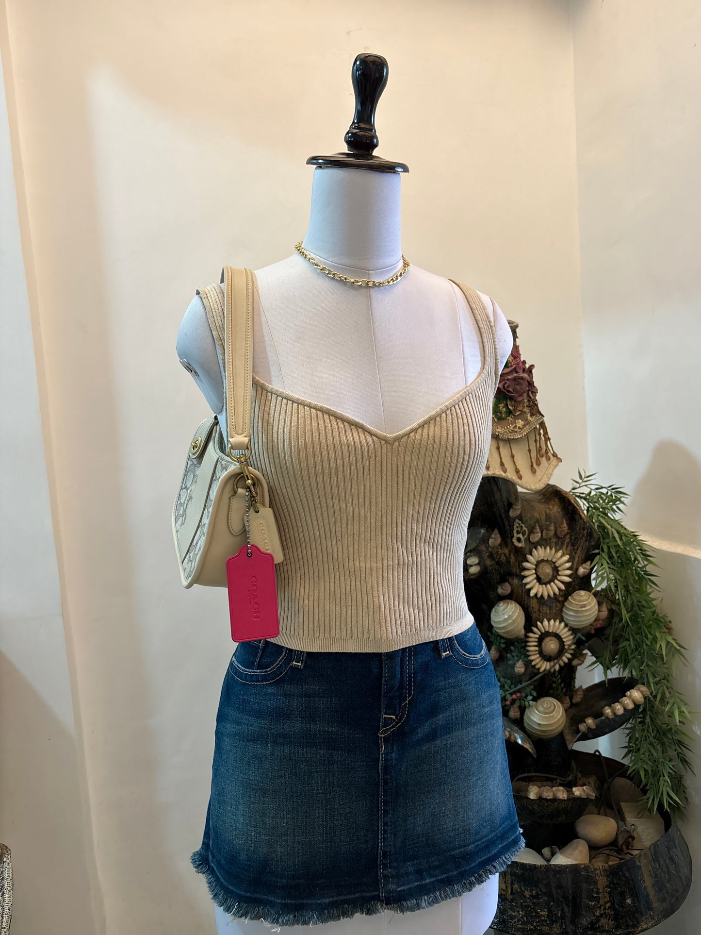 Nude Sweetheart Neck Rib Knit Top