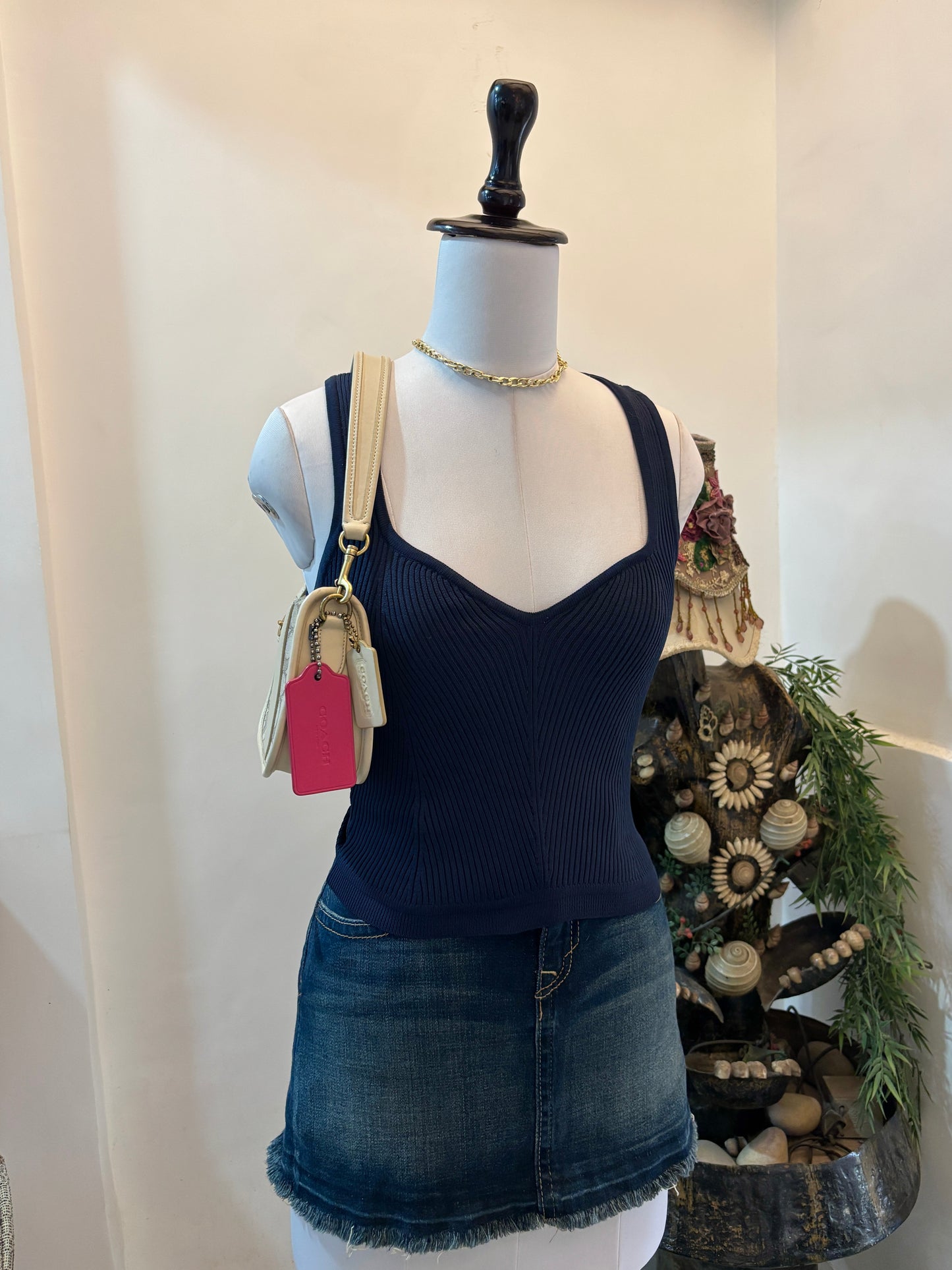 Blue Sweetheart Neck Rib Knit Top