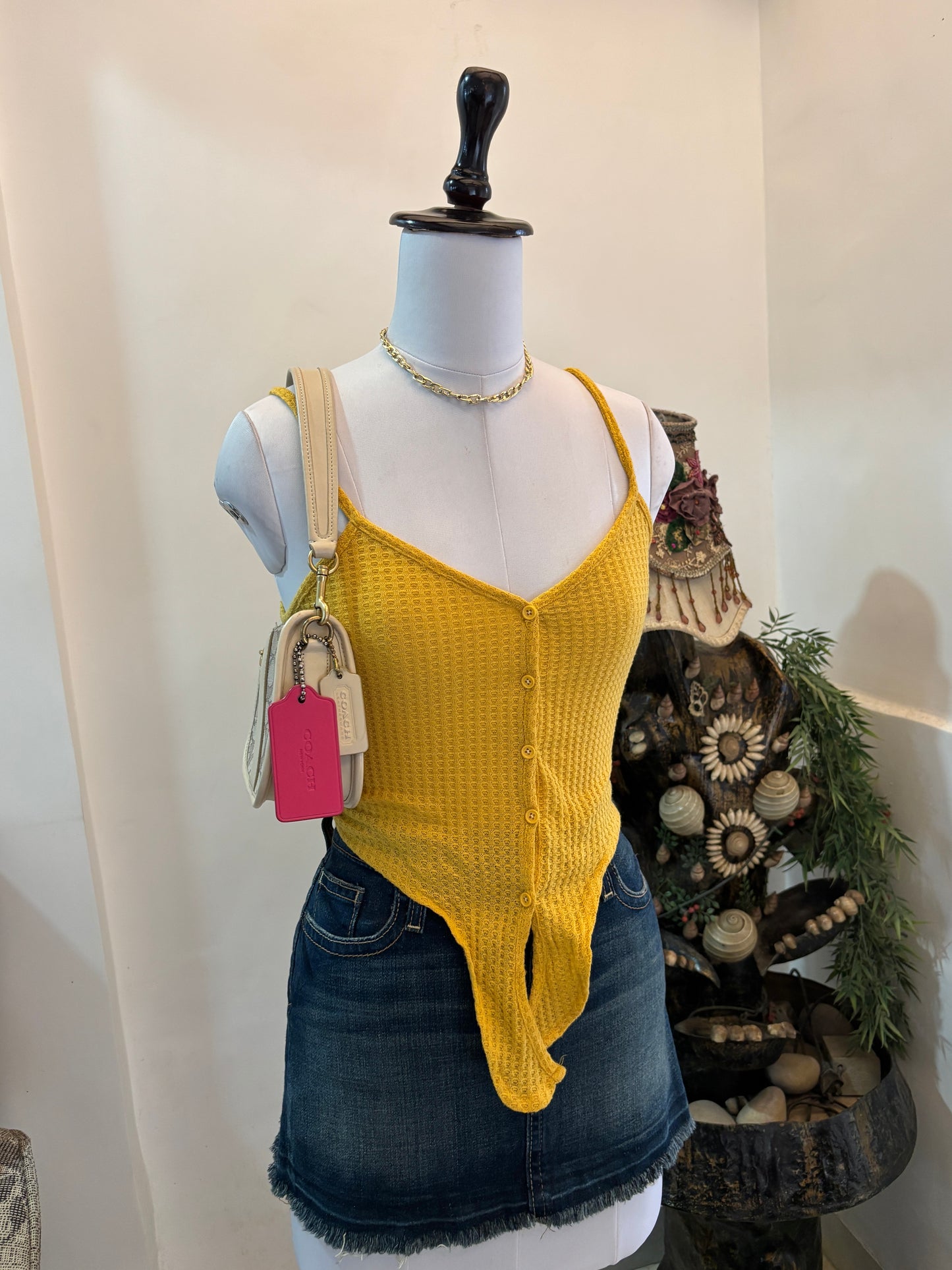 Yellow Buttons Tie Hem Top