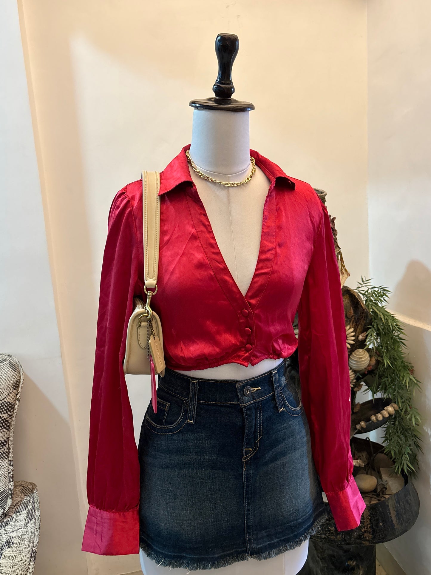 Red Satin Cropped Tie Back Shirt