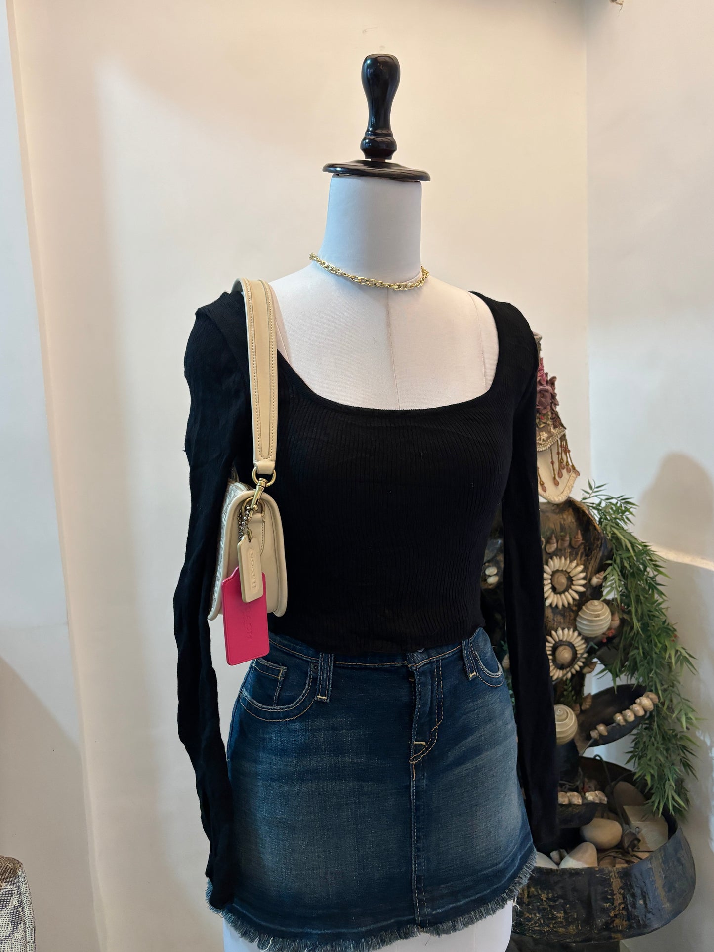 Black Rib Knit Square Neck Top