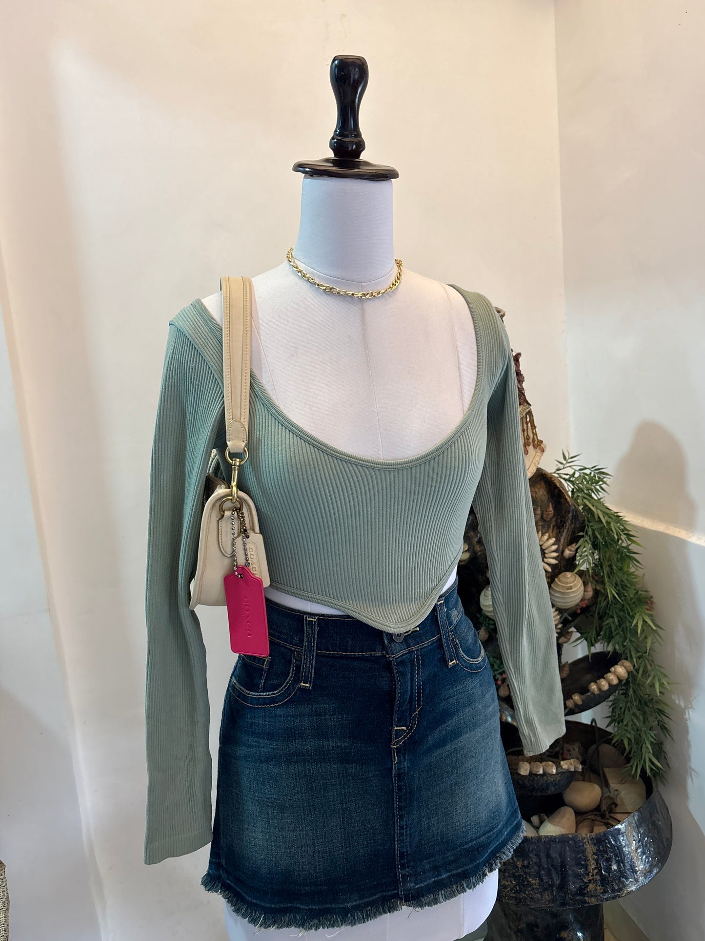 Green Fitted Asymmetrical Hem Top