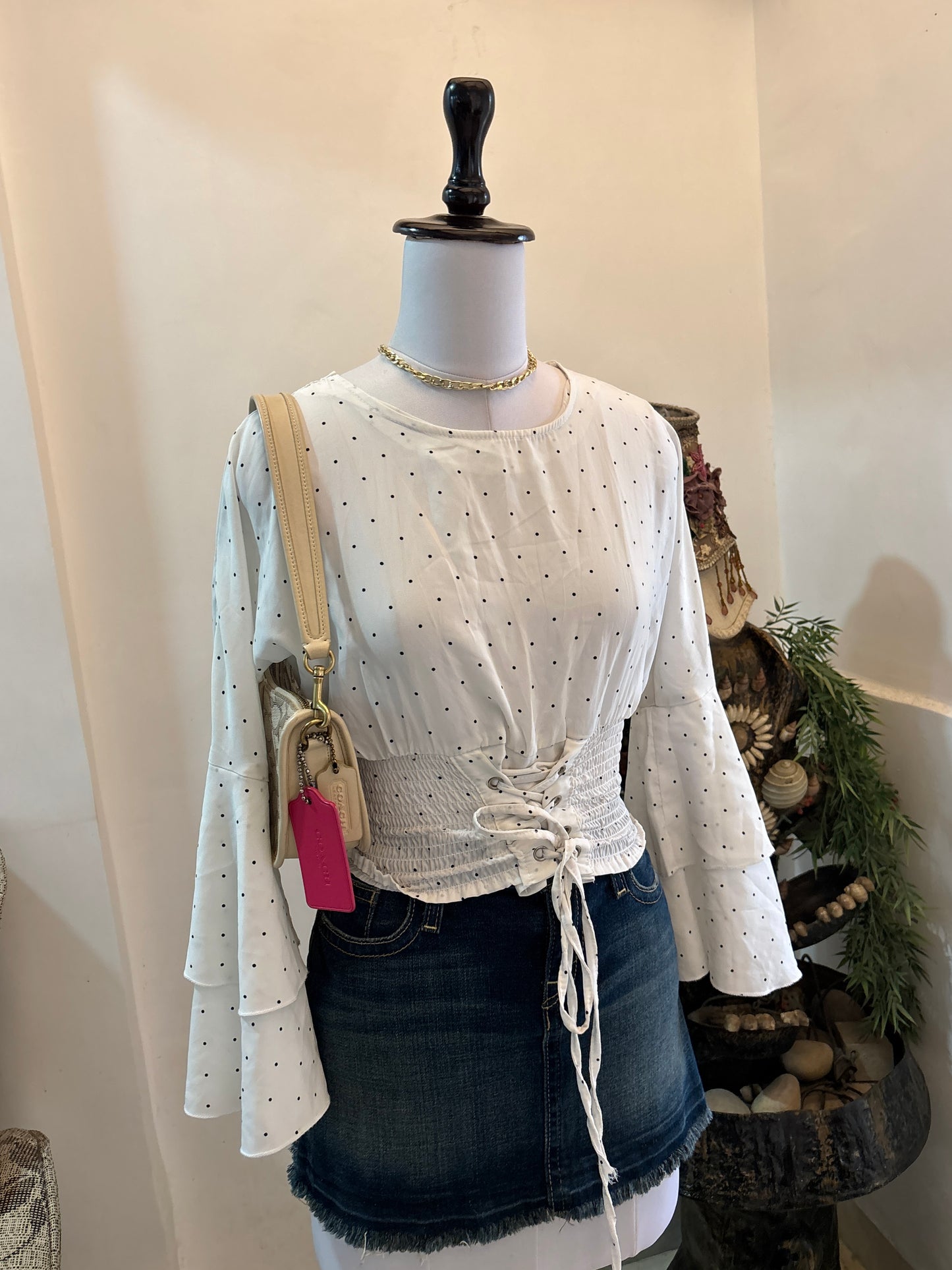 Cinched Waist Polka Dots Bell Sleeves Top