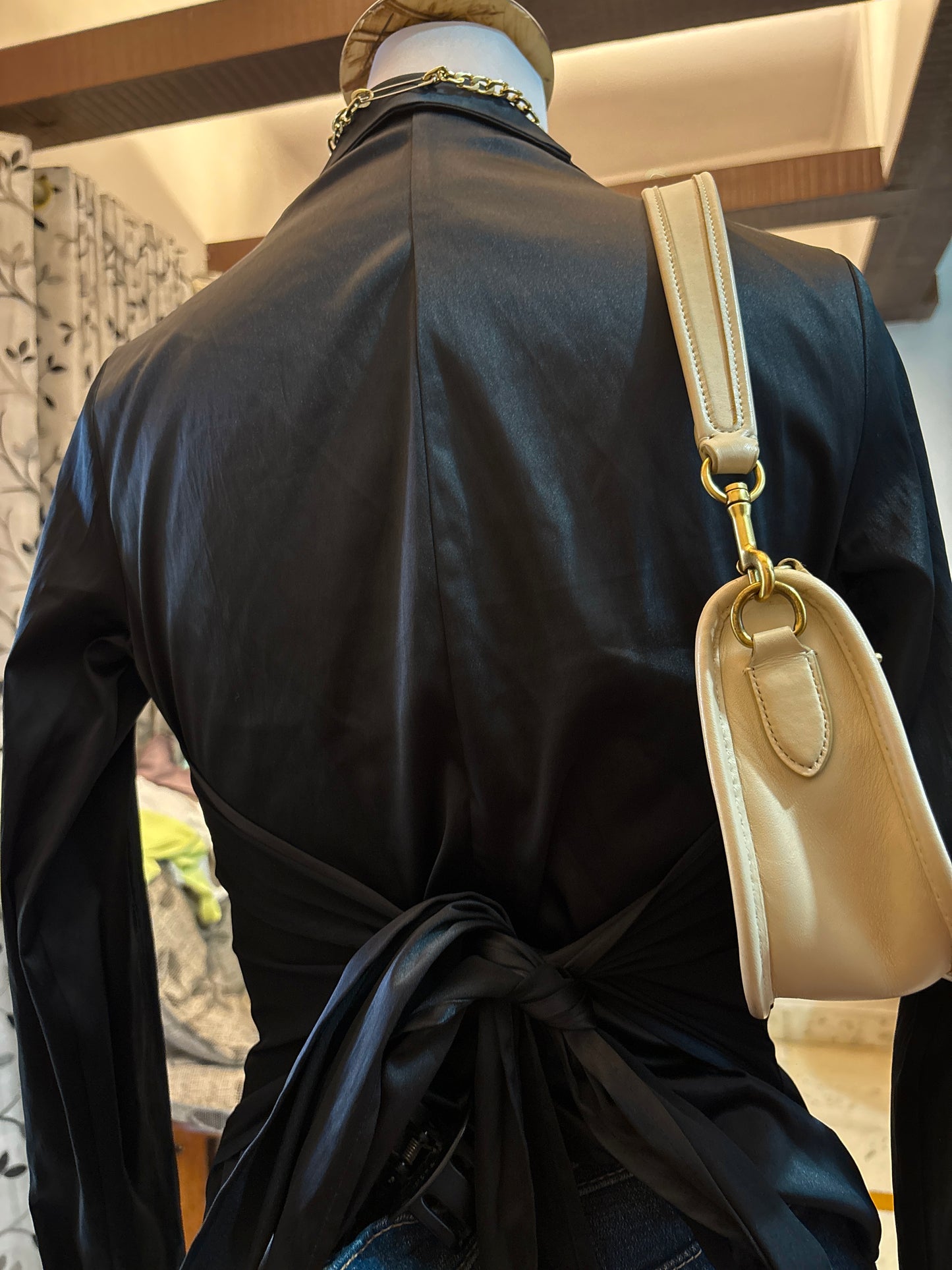 Black Fitted Satin Cinched Tie Back Shirt (HIGH QUALITY AND GORGEOUS!)