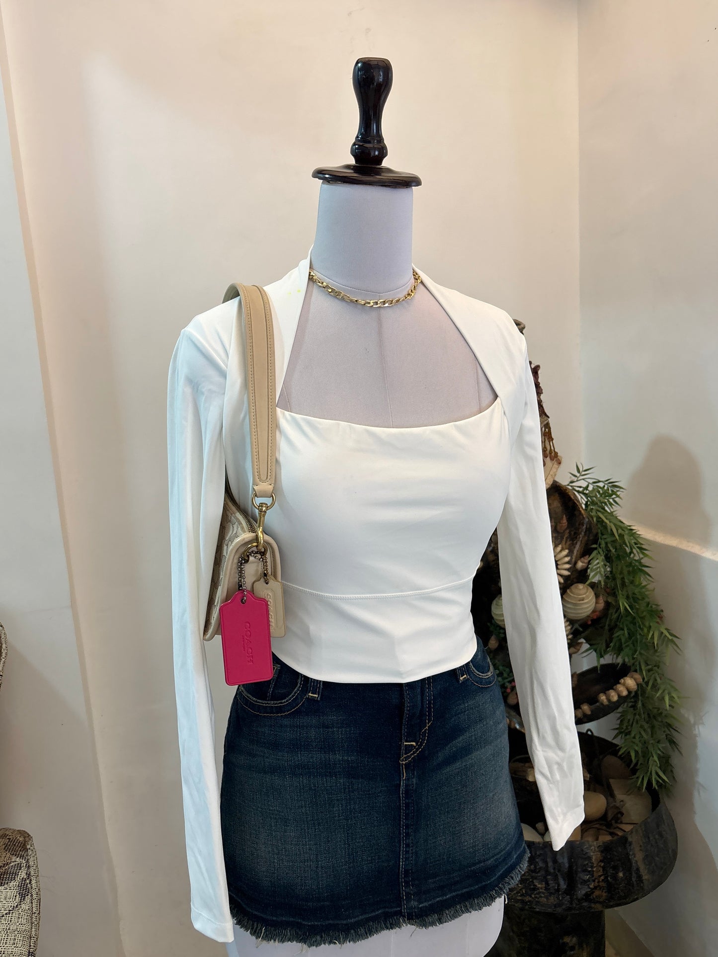 White Padded Fitted Square Neck Top with Thumb Holes