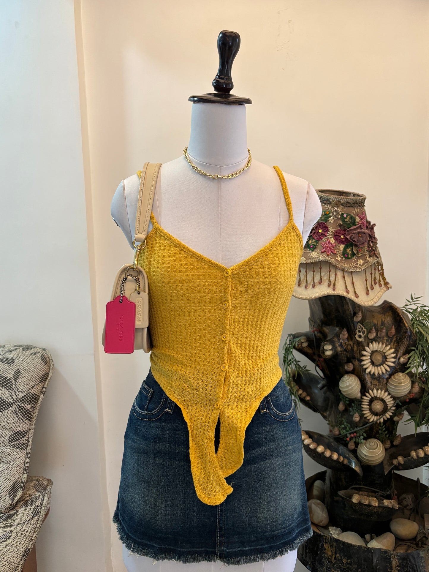 Yellow Buttons Tie Hem Top