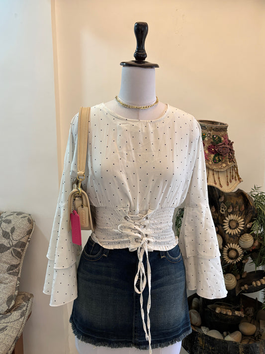 Cinched Waist Polka Dots Bell Sleeves Top