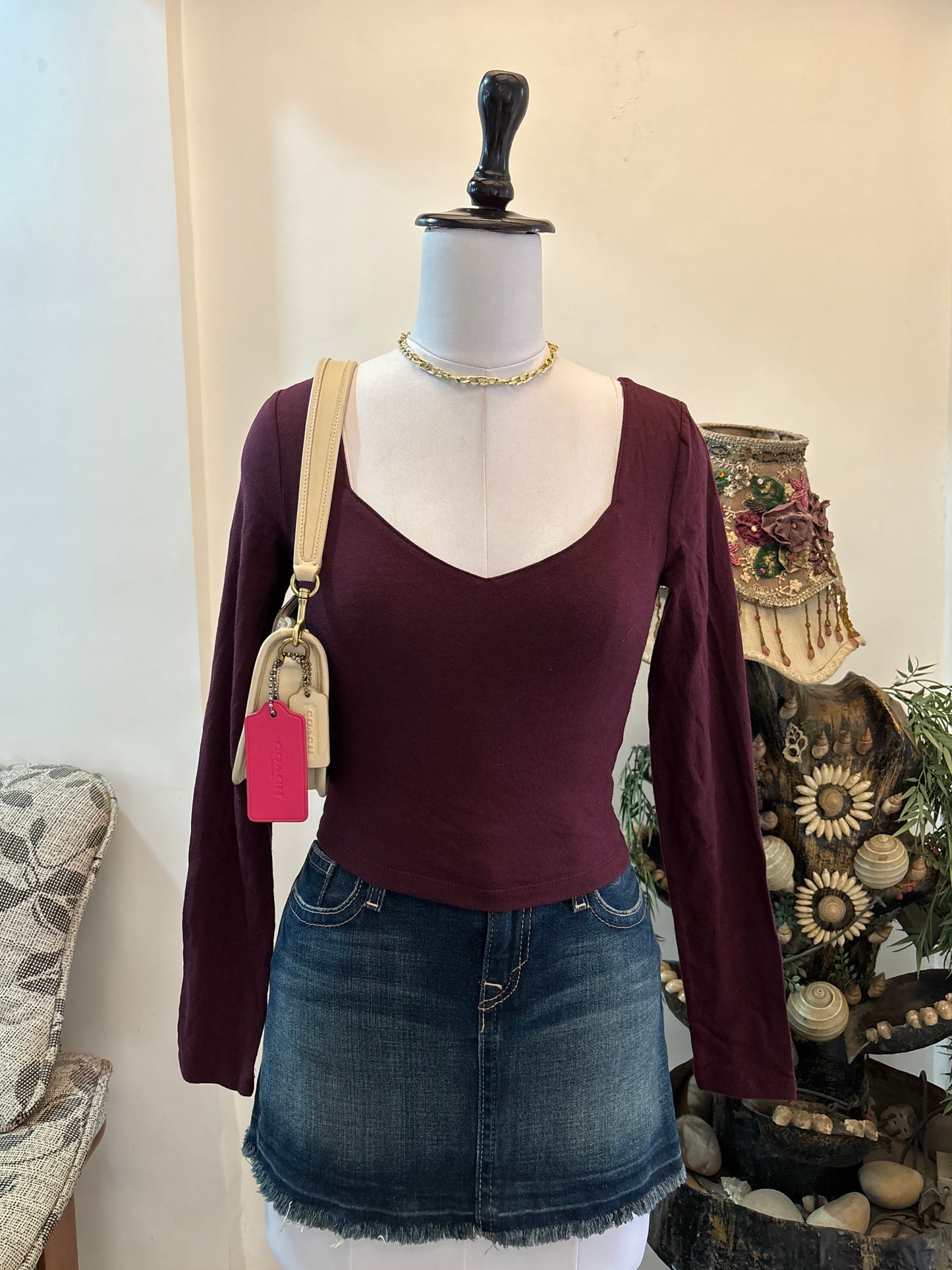 Fitted Burgundy Sweetheart Neckline Top