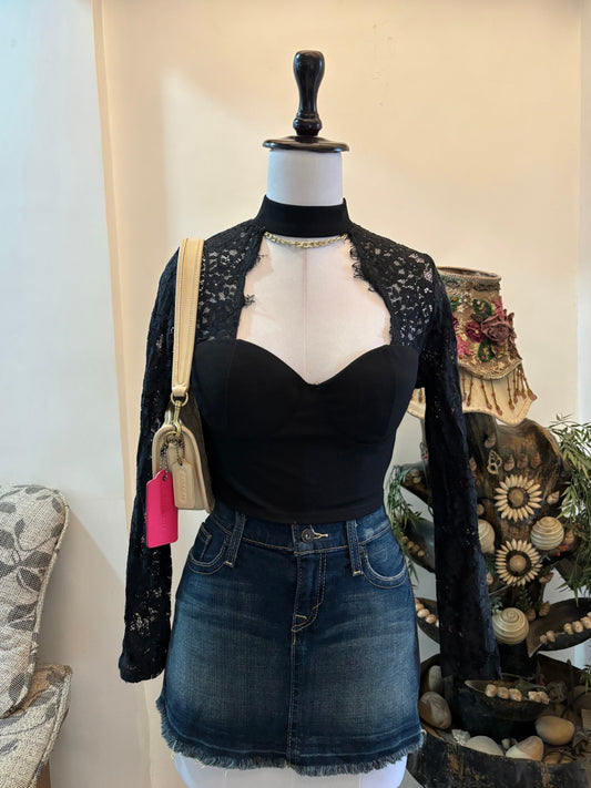 Black Bustier Top with Sheer Lacy Sleeves