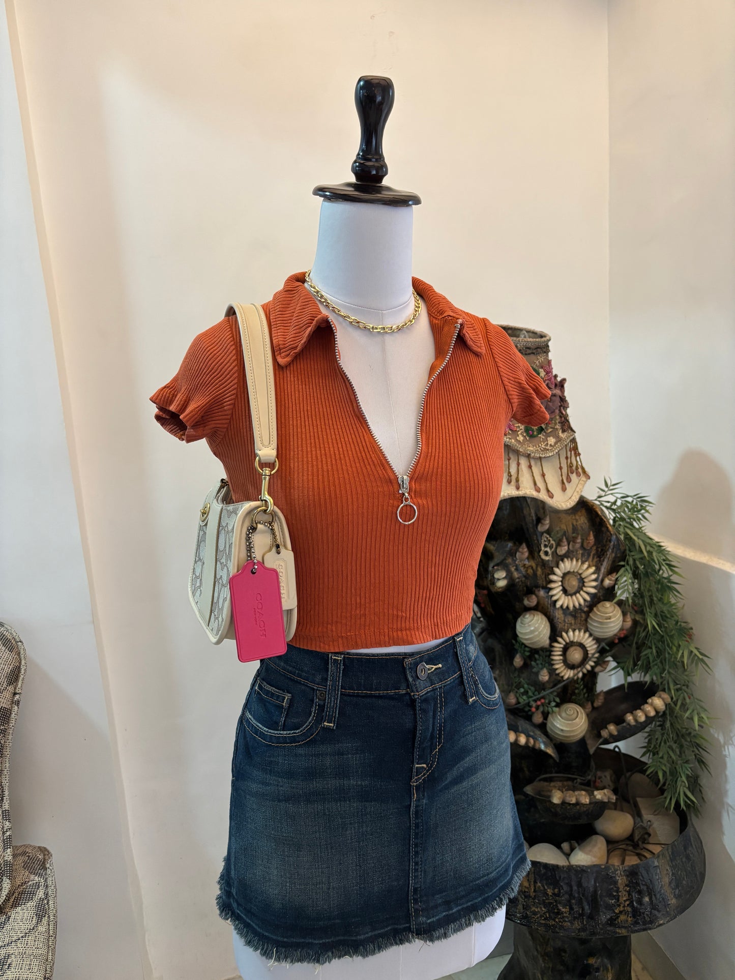 Orange Polo Zipper Top
