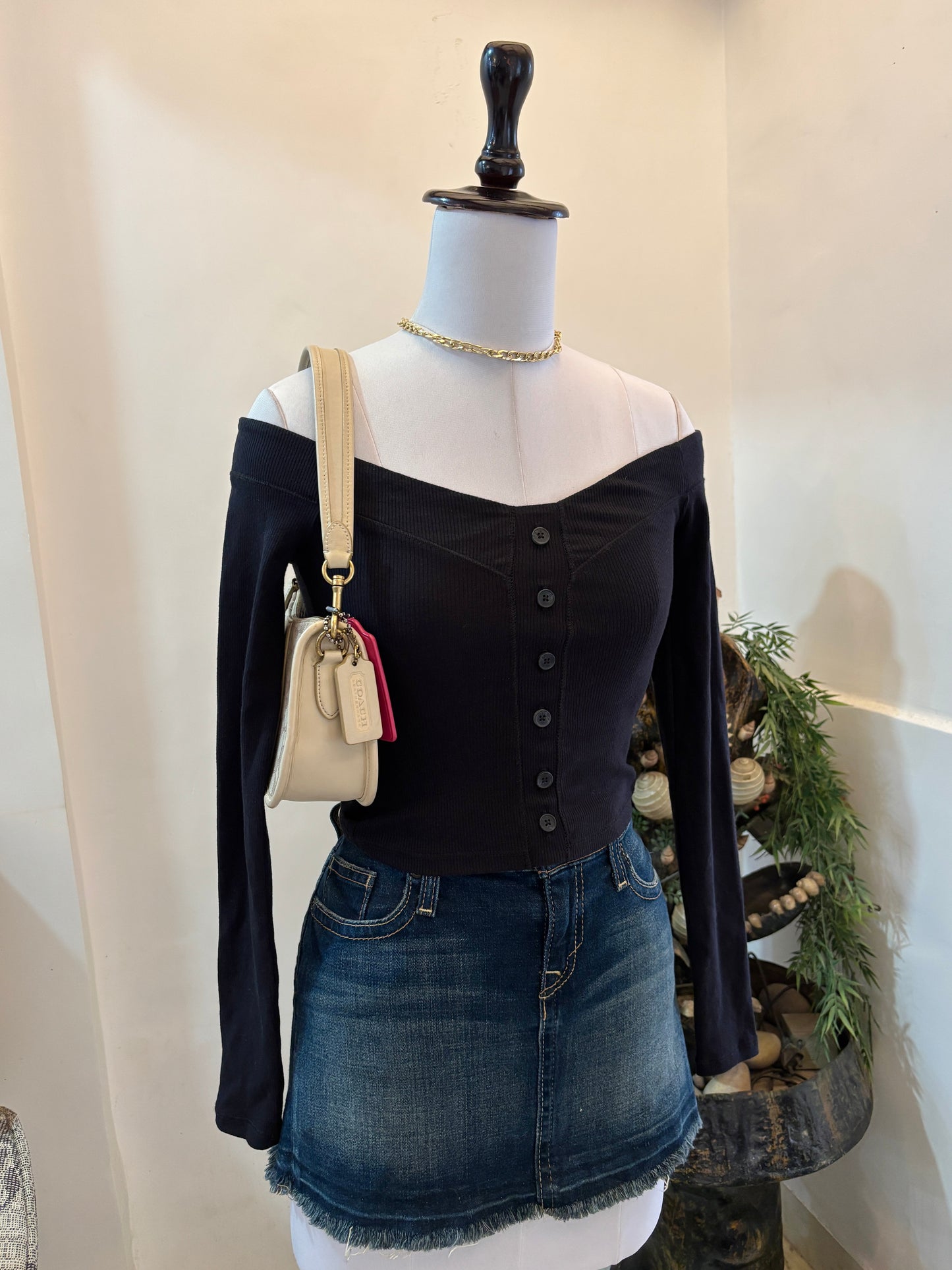 Black Buttons Boat Neck Top