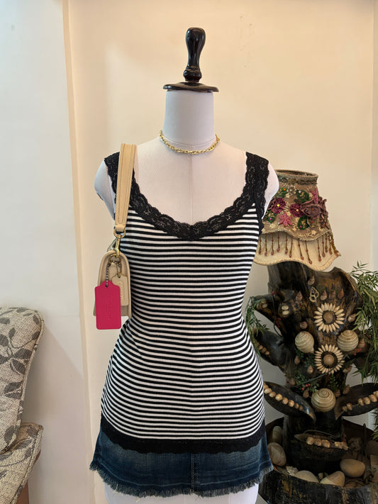 B&W Stripes Tank Top with Lacy Neckline