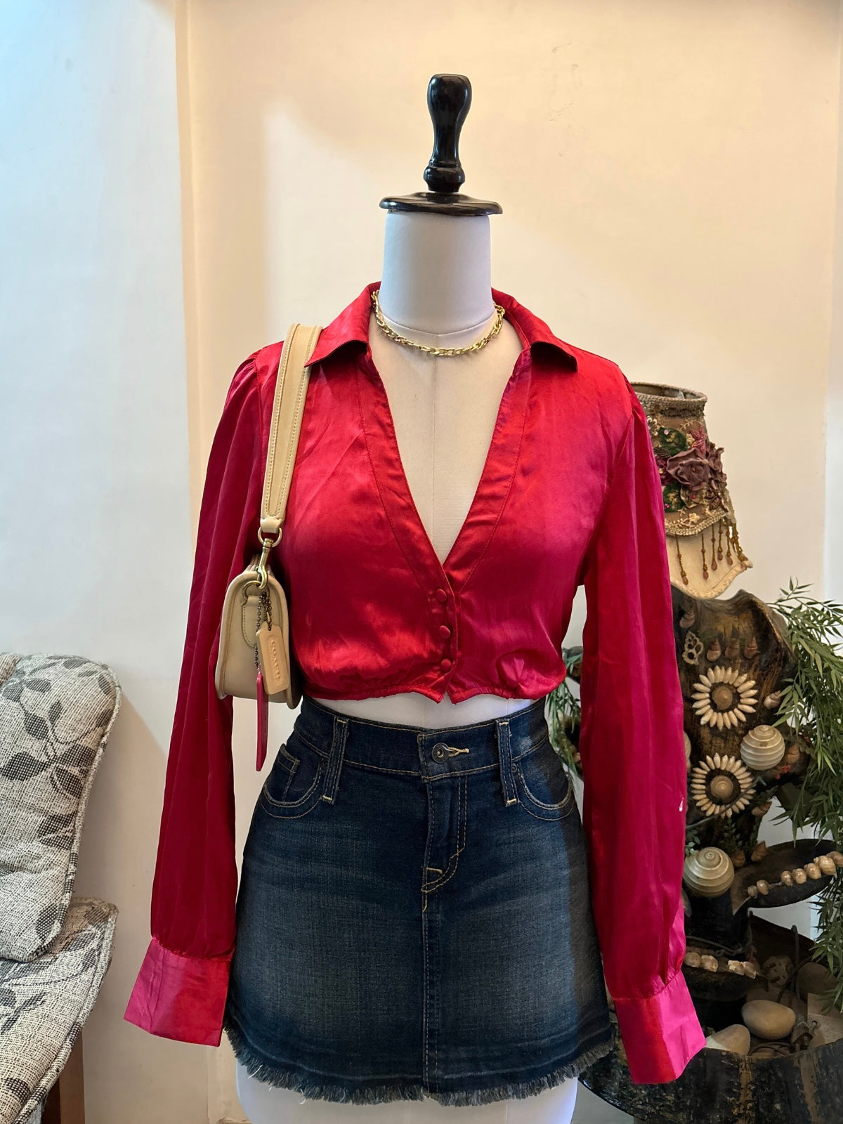 Red Satin Cropped Tie Back Shirt