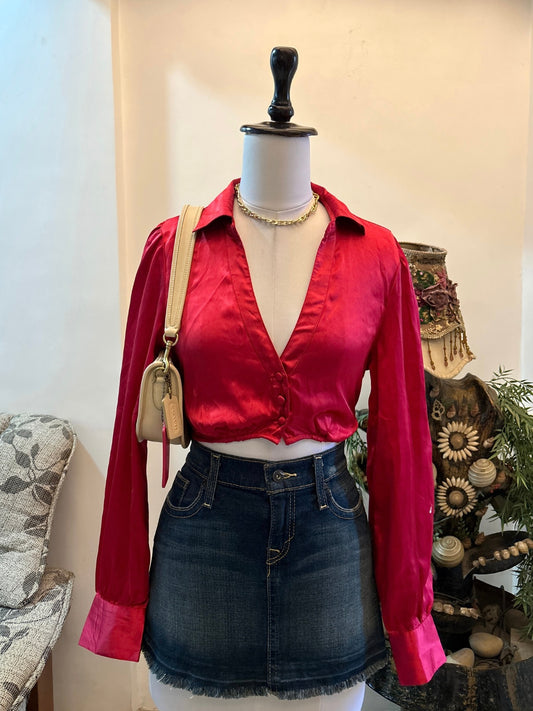 Red Satin Cropped Tie Back Shirt
