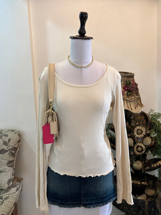 Cream Ribbed Top with Bell Sleeves
