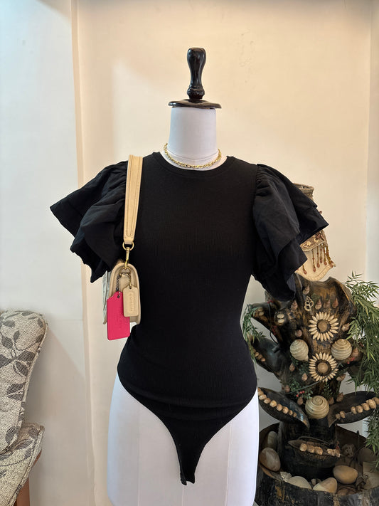 Black Ruffle Sleeves Bodysuit
