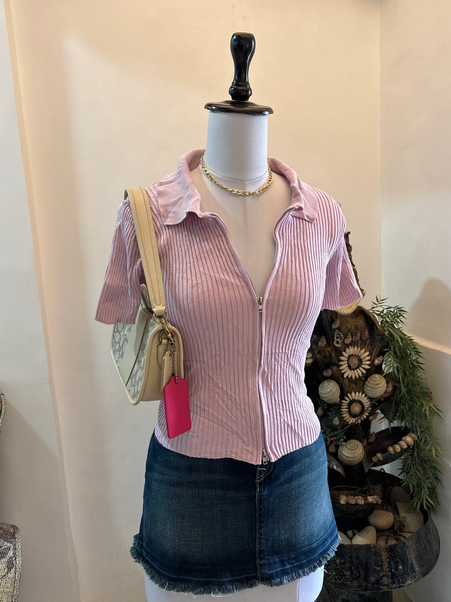 Pink Dual Zipper Polo Rib Knit Top