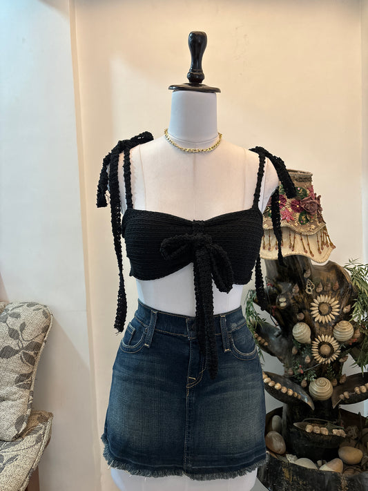 Black Padded Crochet Tie Shoulder Top