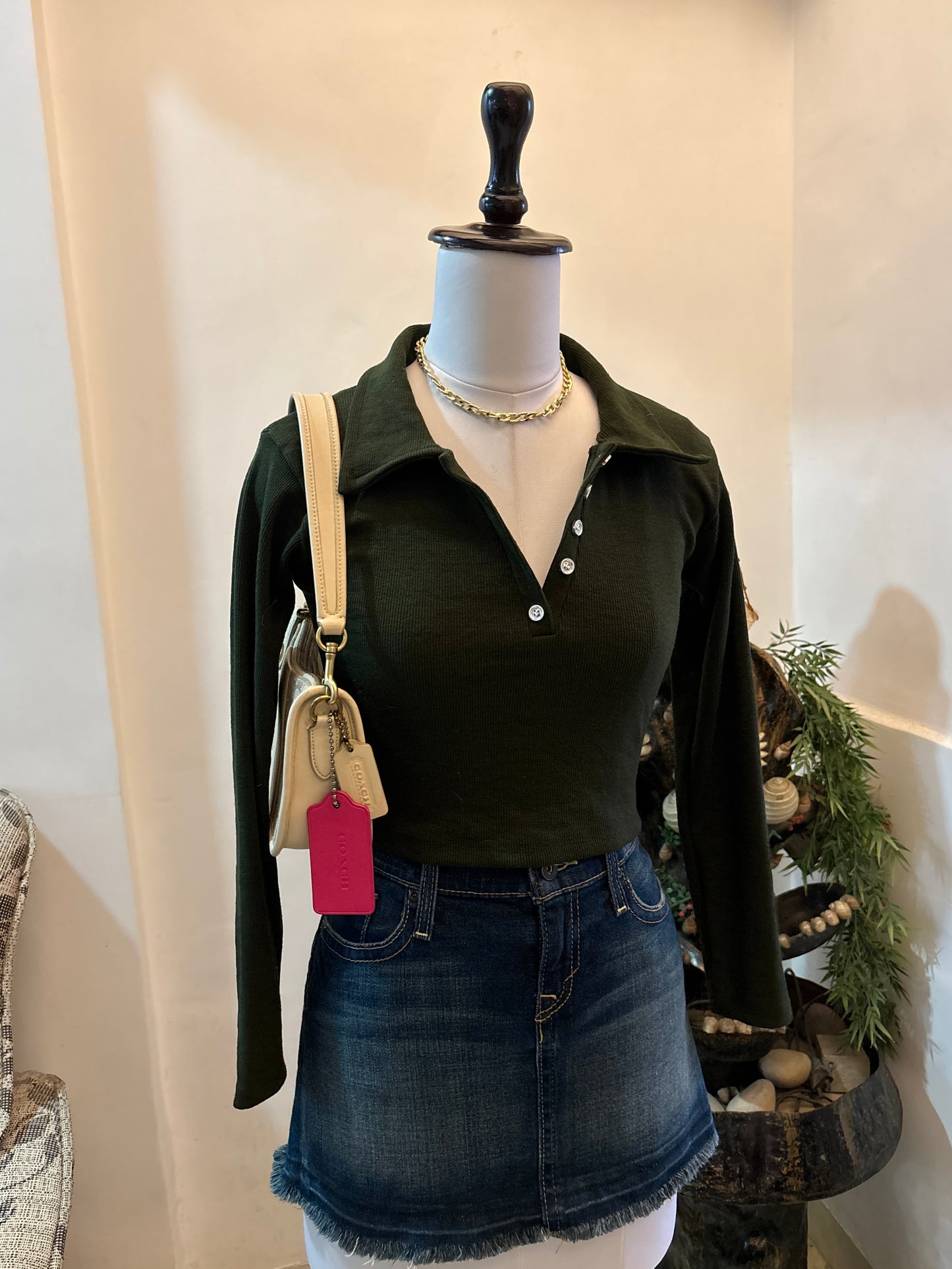 Olive Green Buttons Polo Top