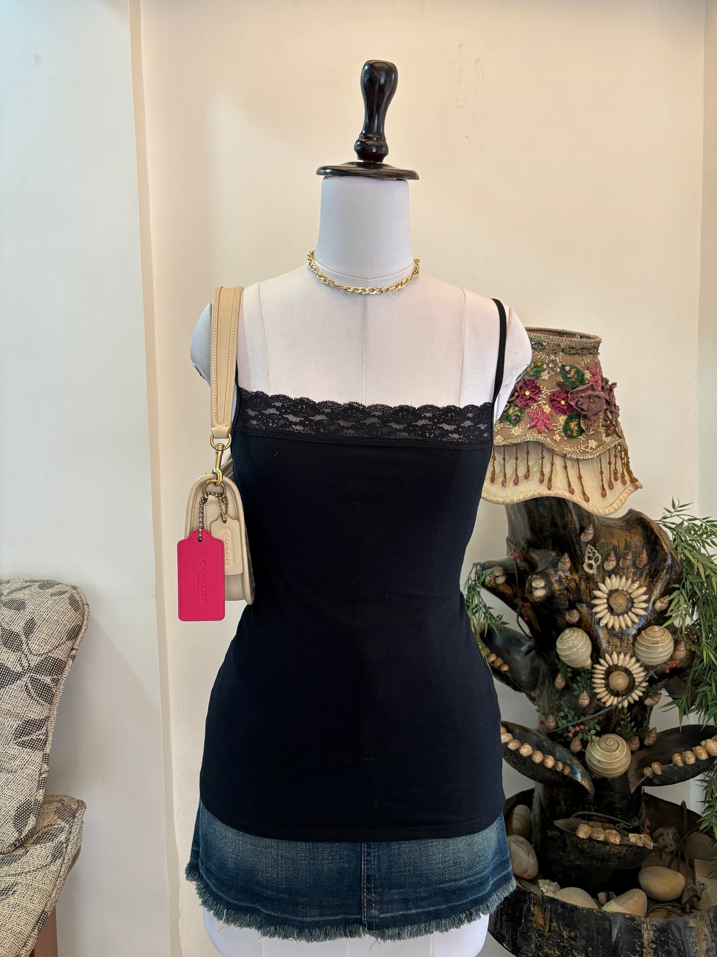 Black Tank Top with Lacy Neckline