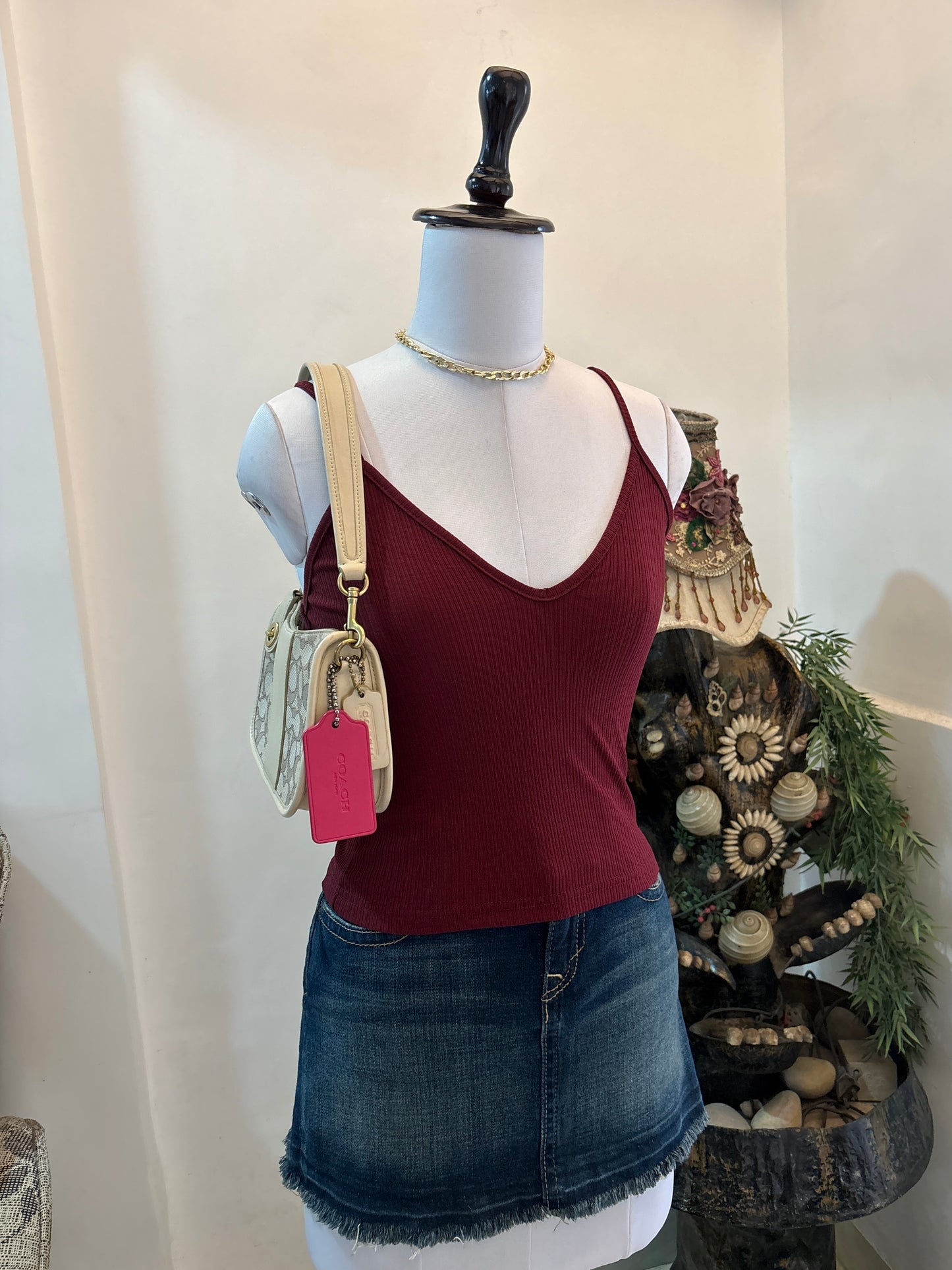 Maroon Ribbed V Neck Top