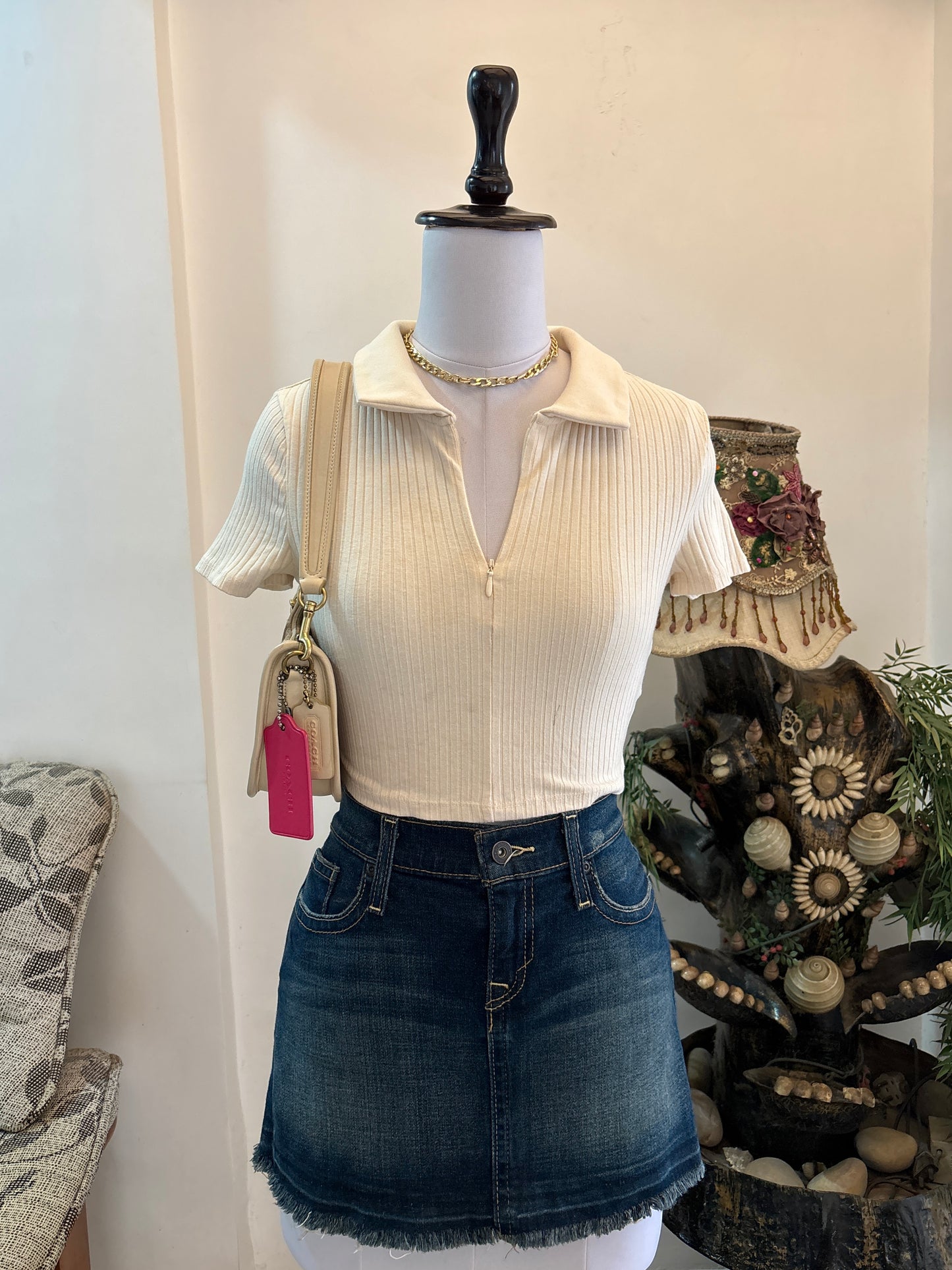 Cream Polo Zipper Top
