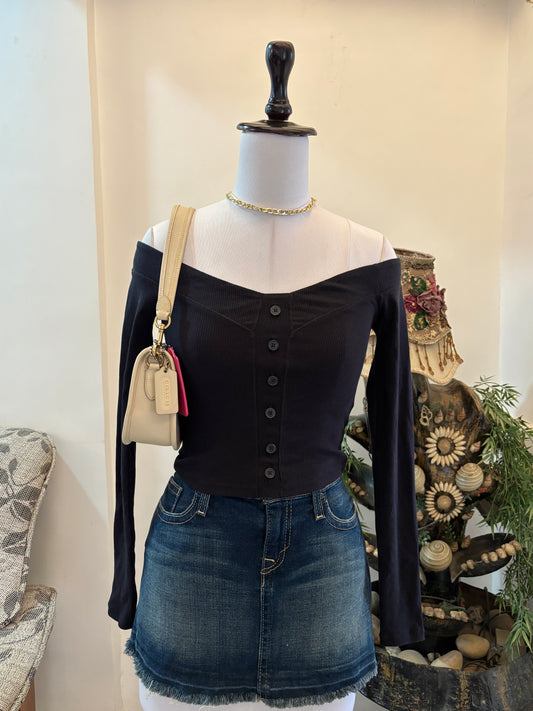 Black Buttons Boat Neck Top