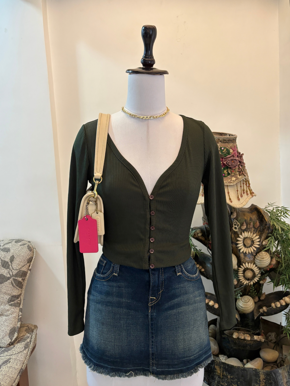 Olive Green Plunge Neck Top