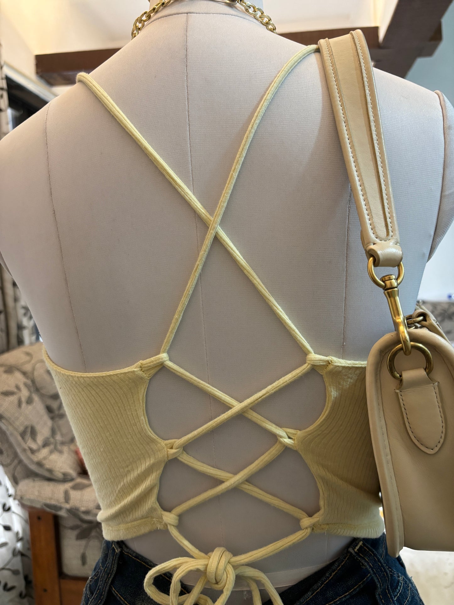 Yellow V Neck Criss Cross Back Top