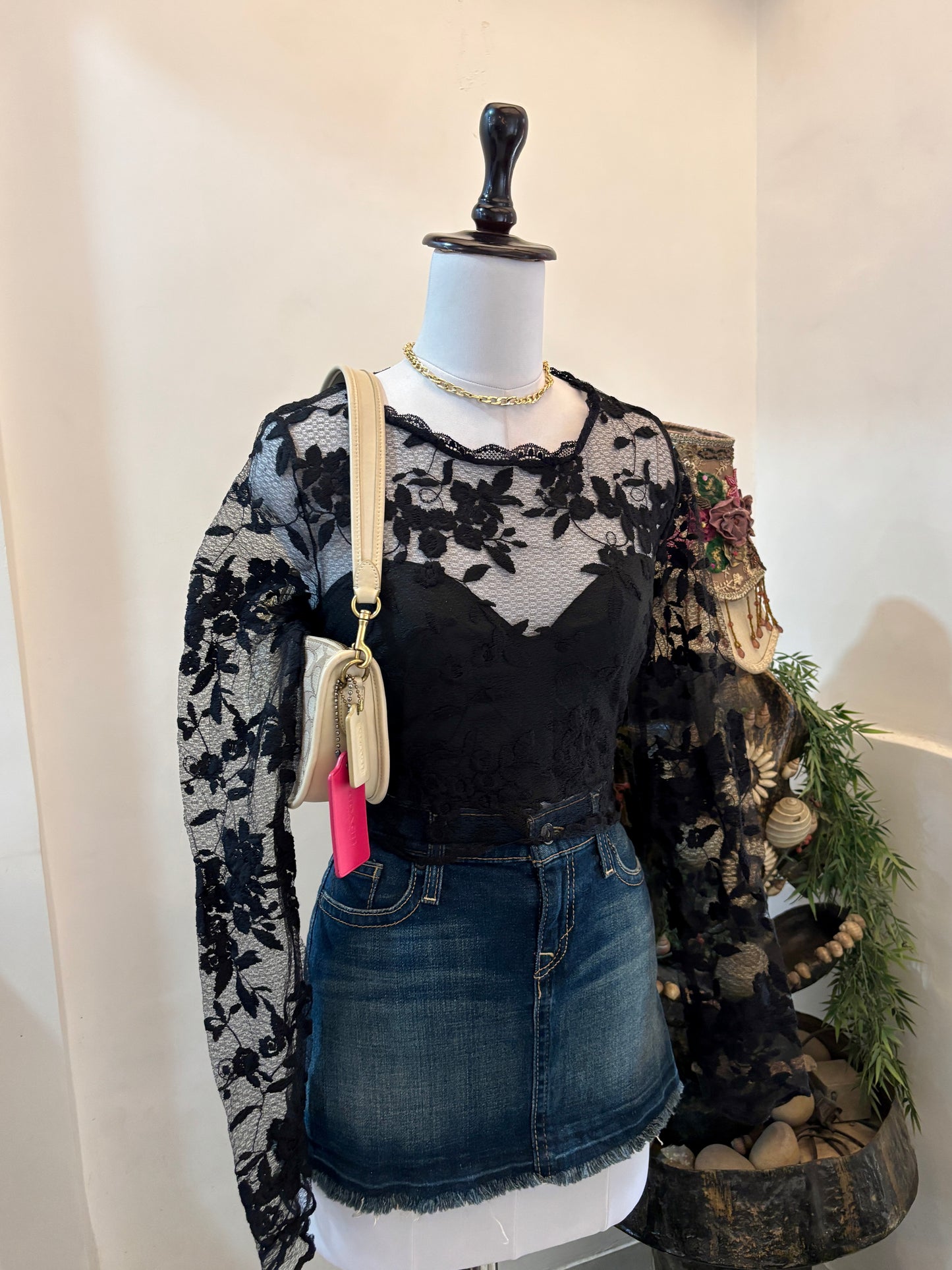 Black Floral Lace Top with Sheer Sleeves and Back