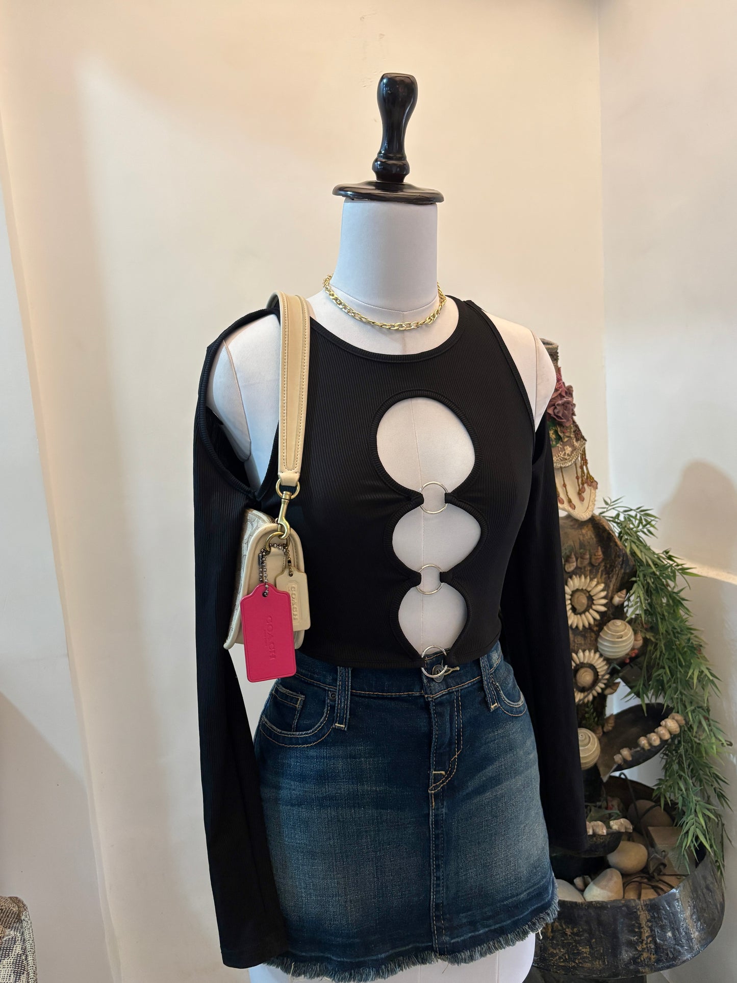 Black Cutout Detail Open Shoulder Top