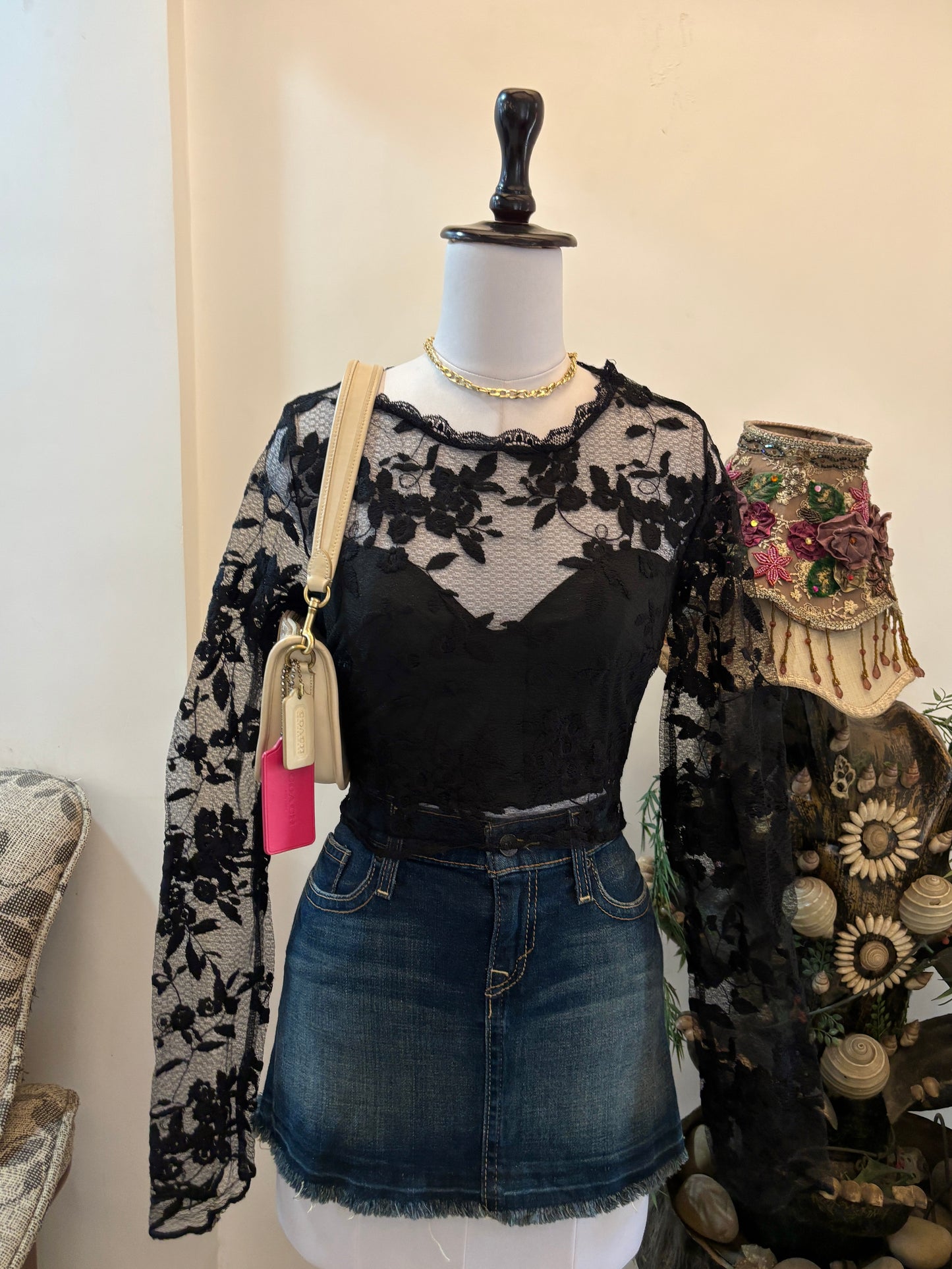 Black Floral Lace Top with Sheer Sleeves and Back