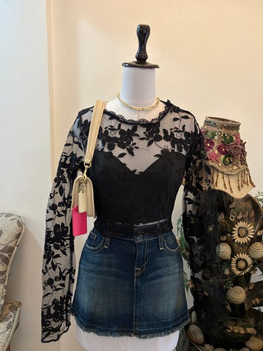 Black Floral Lace Top with Sheer Sleeves and Back