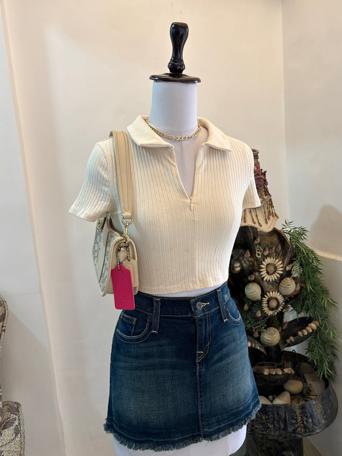 Cream Polo Zipper Top
