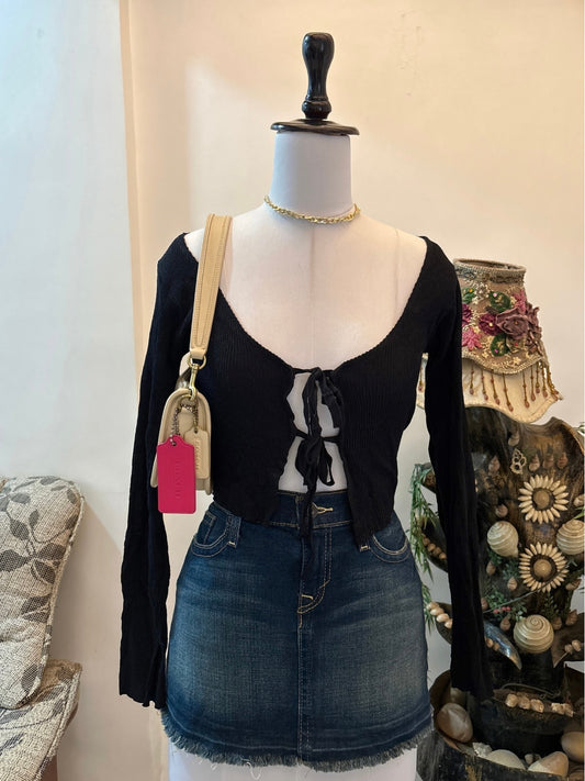 Black Boat Neck Open Waist Tie Top with Hand Slits