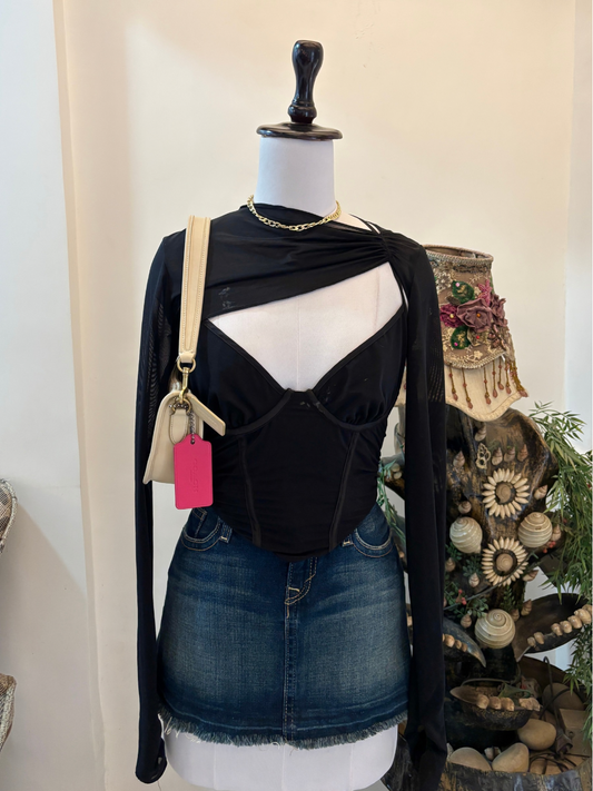 Black Corset Top with Mesh Sleeves
