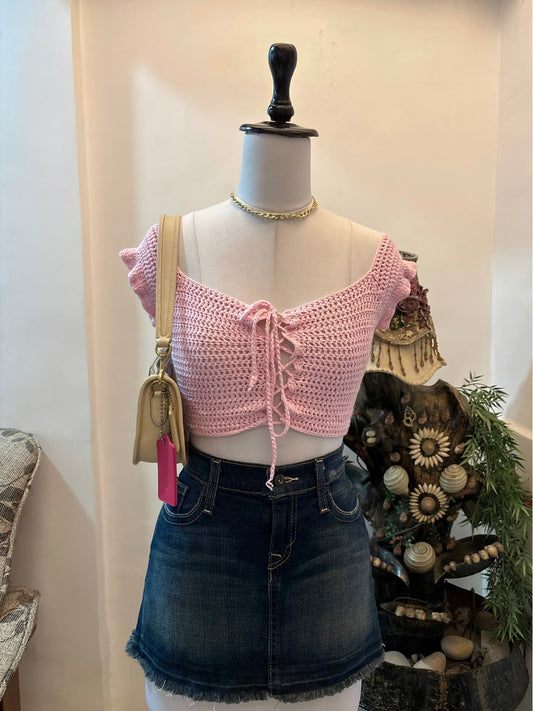Light Pink Tie Off Shoulder Crochet Top