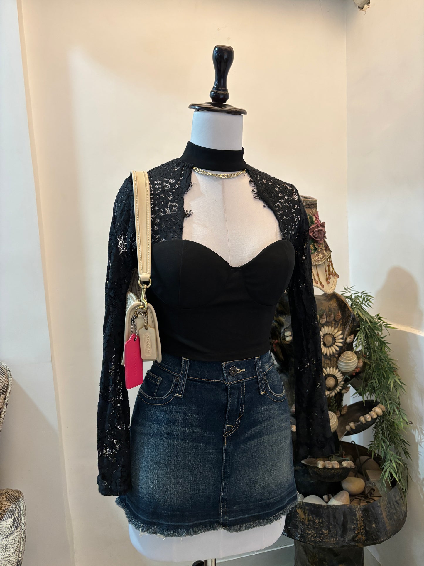 Black Bustier Top with Sheer Lacy Sleeves