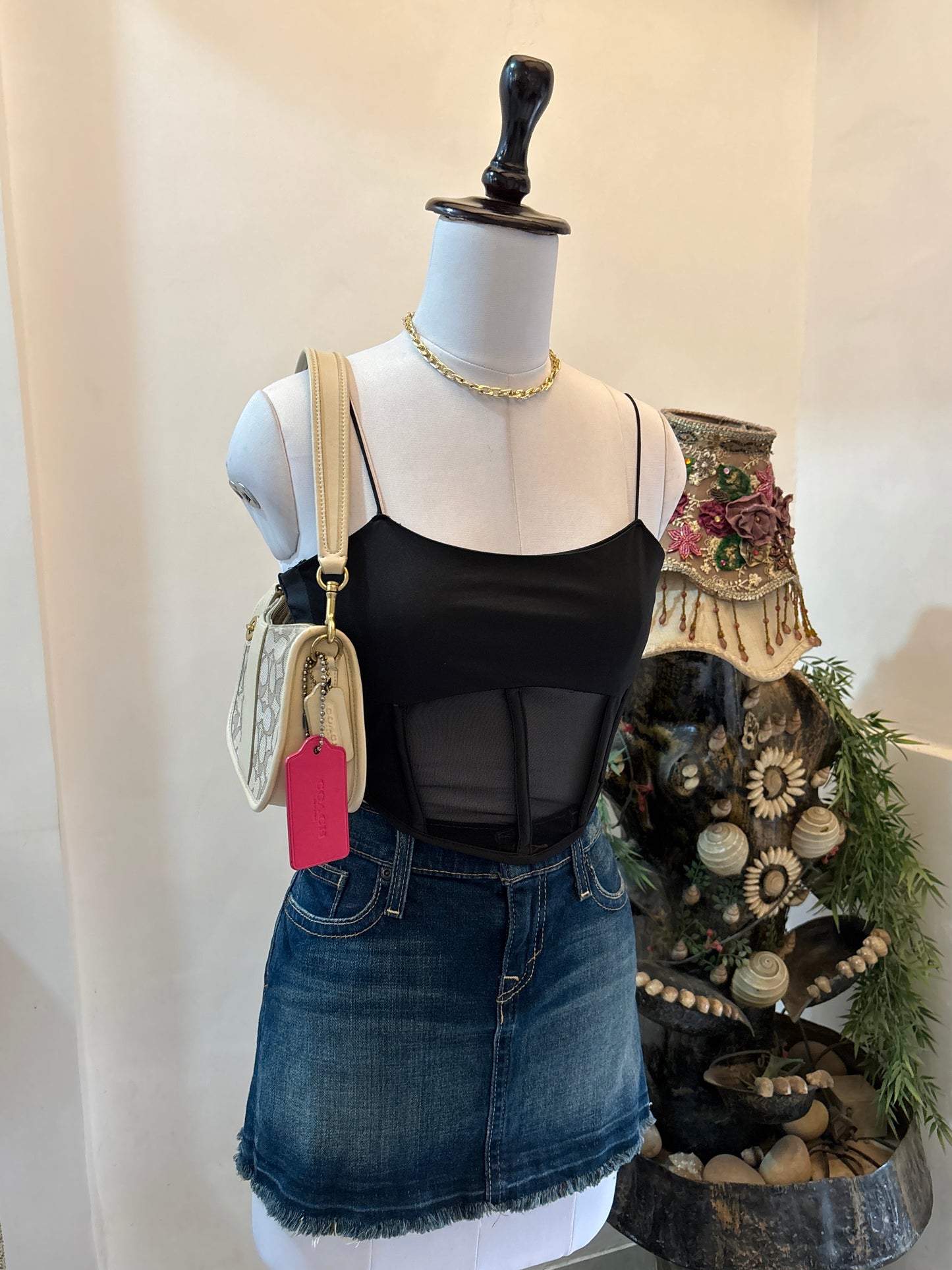 Black Corsety Top with Mesh Waist