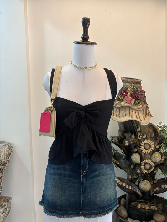 Black Bustier Style Peplum Bow Top
