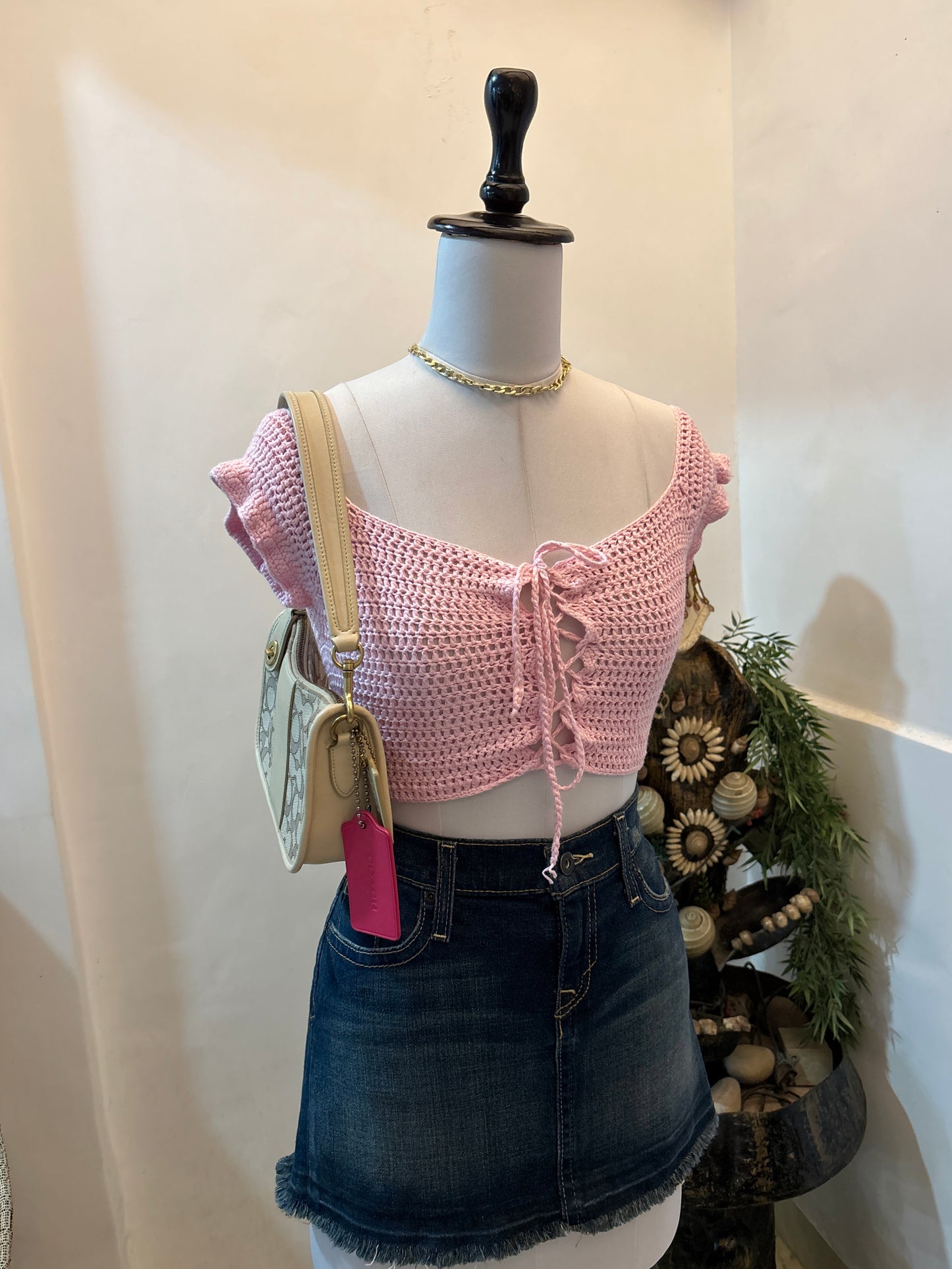 Light Pink Tie Off Shoulder Crochet Top