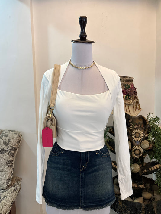 White Padded Fitted Square Neck Top with Thumb Holes