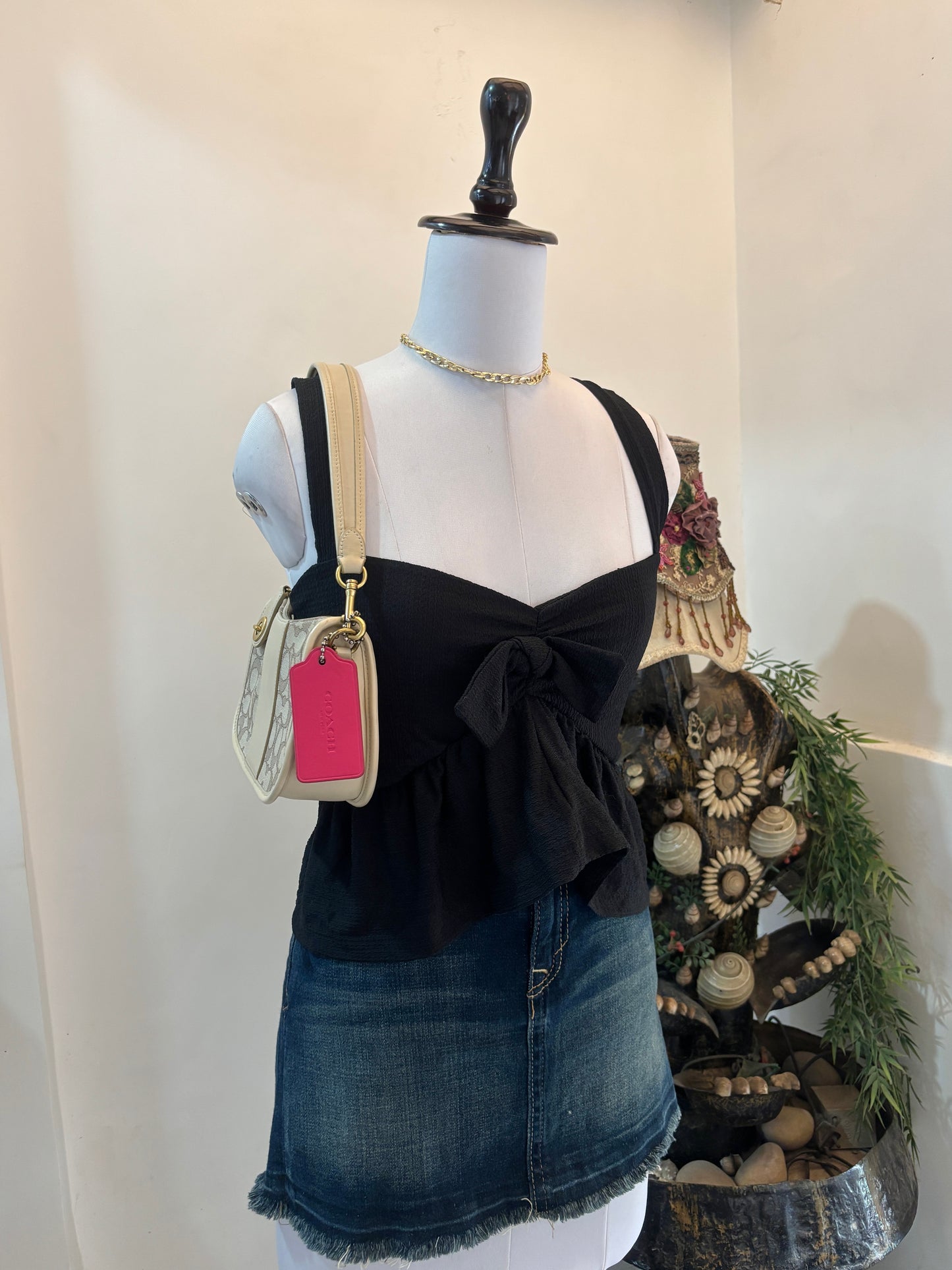 Black Bustier Style Peplum Bow Top