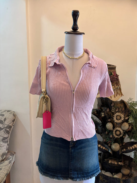 Pink Dual Zipper Polo Rib Knit Top