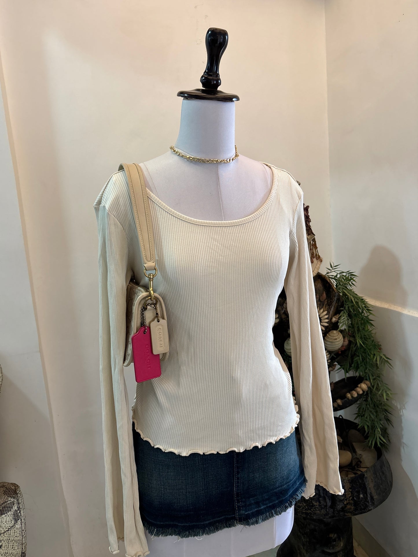 Cream Ribbed Top with Bell Sleeves
