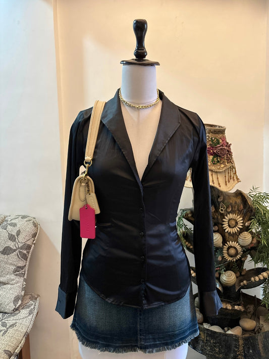 Black Fitted Satin Cinched Tie Back Shirt (HIGH QUALITY AND GORGEOUS!)