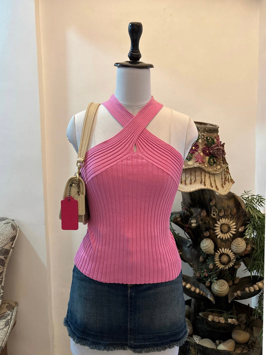 Pink Criss Cross Neck Rib Knit Top