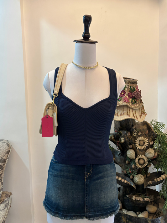 Blue Sweetheart Neck Rib Knit Top